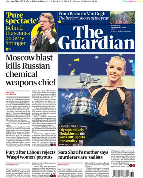 The main headline on the front page of the Guardian reads: "Moscow blast kills Russian chemical weapons chief"