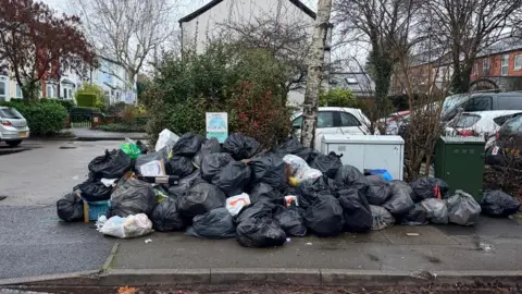 A large pile of black bin bags and other rubbish in the street with a number of houses and cars behind it