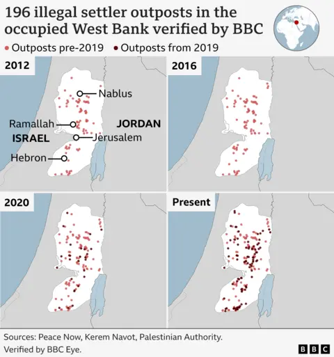 Four maps showing the locations of settler outposts successful  the occupied West Bank - verified by the BBC - successful  4  snapshot years - 2012, 2016, 2020, 2024. 