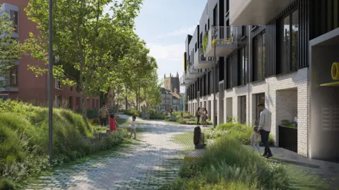 A computer-generated image showing a small, green park next to an apartment building. People can be seen standing around, with one sitting on a bench.
