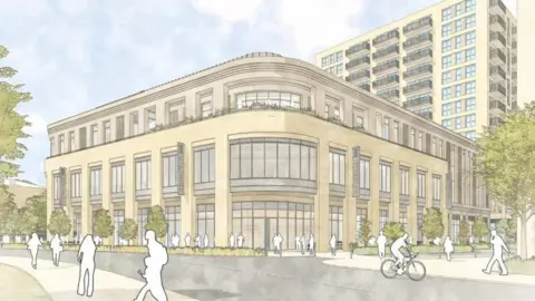 Brent Council Artist's impression showing a pale curved building with the outlines of people walking and cycling past