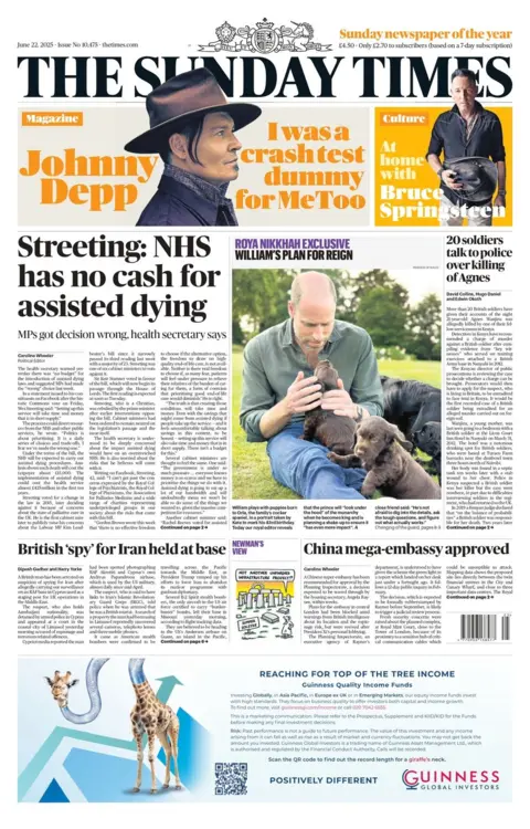 The headline on the front page of the Sunday Times reads: "Streeting: NHS has no cash for assisted dying"