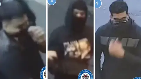 West Midlands Police Composite image of three suspects, all wearing dark clothing with their faces partly covered. 