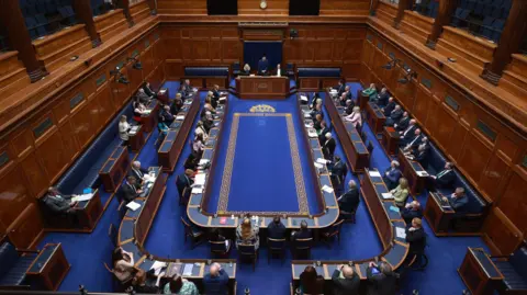 Members of the Northern Ireland Assembly in the debating chamber at Parliament Buildings, Stormont