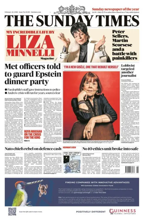 "Met officers told to guard Epstein dinner party," reads the headline on the front page of the Sunday Times.