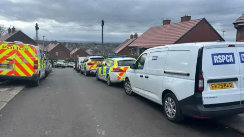 Several cars parked on both sides of a residential road lined with houses. Some are police vehicles.
