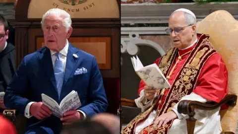 The King and the Pope both holding prayer books and sat down take part in a joint prayer in the Vatican