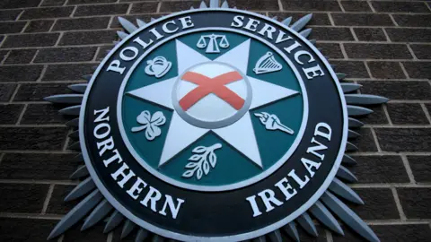 Getty Images The PSNI emblem on a brick wall. It consists of St Patrick's satire, a shamrock, leaf, torch, crown, scales of justice and a harp. 