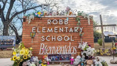 Getty Images A memorial dedicated to the 19 children and two adults murdered on May 24,2022 during a mass shooting at Robb Elementary School is seen on January 05, 2026 in Uvalde, Texas. 