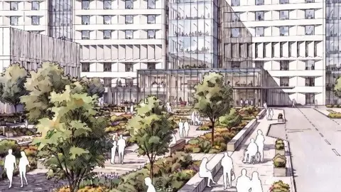 CGI of new outpatients exterior with trees and people