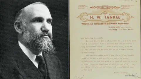 University of Southampton On the left is a black and white photo of a bearded man in a suit wearing a kippah, and on the right is a photo of a letter from a H.W. Tankel to Rabbi Dr Schonfeld stating his wish to care for an "orthodox boy" until he can be reunited with his parents, or turns 18. 