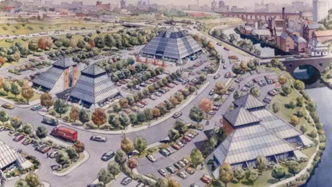 A coloured drawing showing five separate pyramid-shaped office buildings with glass panels set out across a business park with Stockport landmarks seen on the horizon. 