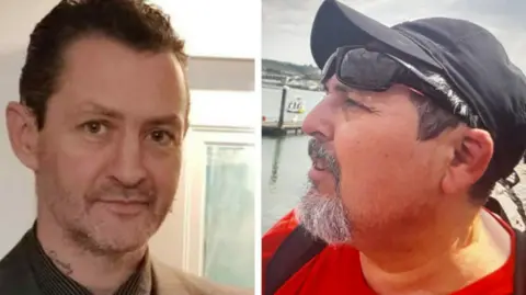 Daniel Coleman is seen in a headshot wearing a black shirt and looking into the camera on the left, while Claudio Aquilino is seen wearing a black cap sunglasses on his head and a red T-shirt, looking to the side, on the right 