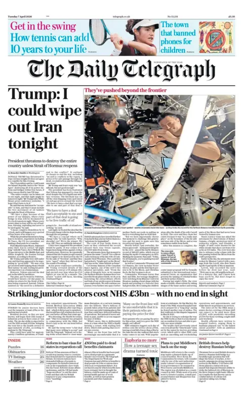 The headline on the front page of the Daily Telegraph reads: "Trump: I could wipe out Iran tonight".