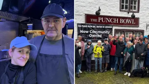 Two images: on the left a woman and a man in aprons, T shirts and caps and on the right a group of people outside a pub called The Punch Bowl 
