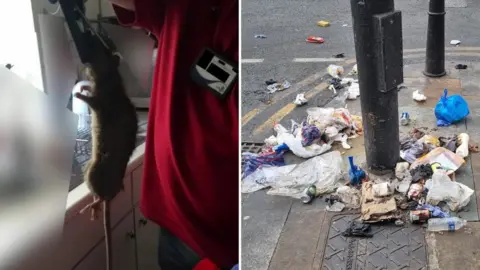 A split image showing, on the left, a person holding a dead rat by head with tongs inside a kitchen near a window. On the right, rubbish including food waste, plastic bags, drinks cans and takeaway containers is scattered around a lamppost on a pavement beside a road.