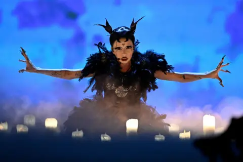 Reuters Bambie Thug performs wearing a gothic, devil horn outfit at the Eurovision Song Contest in Sweden, May 2024