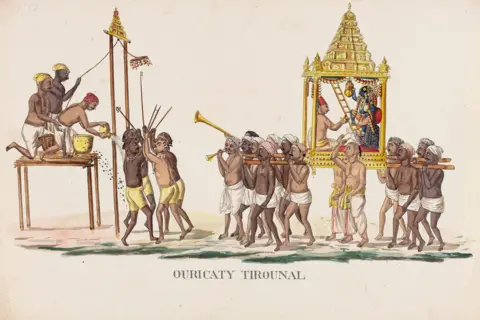 DAG The picture shows a water colour of an elaborate temple ritual in southern India from 1800, part of the collection.