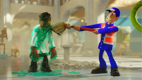 Two Point Studios The image shows a janitor cleaning up a person covered in what looks like green goo.