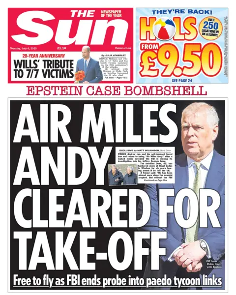 "Air Miles Andy cleared for take-off," is the headline on the front page of the Sun.
