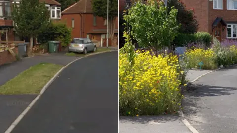 Google/Oli Constable A composite image shows a section of the street with plain grass verges while the image on the right shows the verges packed with blooming flowers supplying a riot of colour