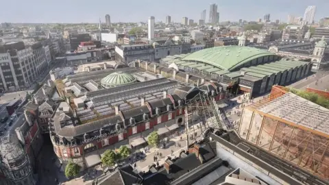 Stanton Williams/Secchi Smith CGI showing the redeveloped Smithfield Market complex, with refurbished market halls, new public walkways and surrounding City of London buildings, illustrating plans for the future London Museum site.