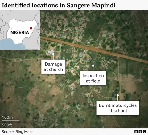 A map showing the locations of the various attacks - at the church, school and field.