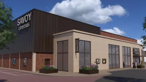 An artist's impression of the Savoy cinema building, with large windows and branding on the walls.