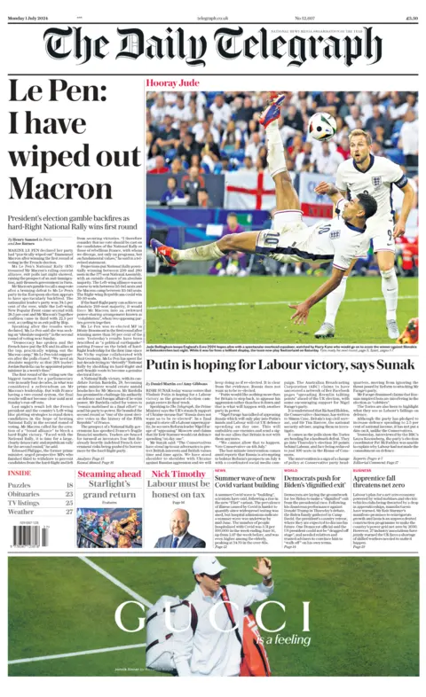 The headline on the front page of the Daily Telegraph reads: “Le Pen: I have wiped out Macron