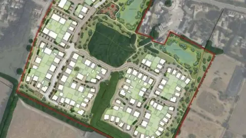 A map which outlines an area for a proposed building site. 