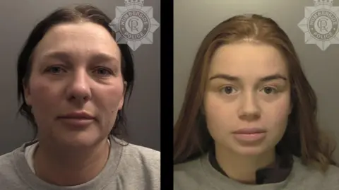 Humberside Police A composite image of police custody photos of two women. On the left is a woman with brown hair tied back and she is wearing a grey jumper. On the right is a younger woman with light brown hair who is also wearing a grey jumper.