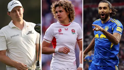 From left to right: Golfer Matt Fitzpatrick looks down the course, England full-back Ellie Kildunne in action in the World Cup final win over Canada and Leeds United striker Dominic Calvert-Lewin celebrates a goal