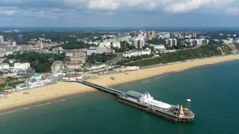 Getty Bournemouth Beach - aerial view looking from the sea with the pier and beach in view