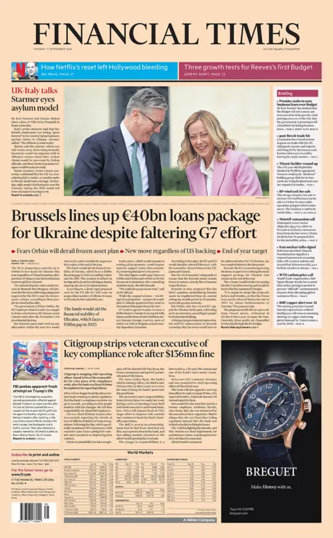 The Financial Times headline reads "Brussels lines up €40bn loans package for Ukraine despite faltering G7 effort"