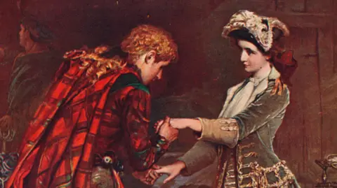 Getty Images The painting dating from 1905 is called Prince Charlie's Farewell to Flora MacDonald, 1746. It depicts the prince, dressed in red tartan, holding the hands of Flora MacDonald.