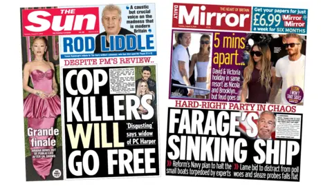 A composite image of the Sun and the Daily Mirror. "Cop killers will go free" reads the headline of the former and "Farage's sinking ship" reads the headline of the latter.