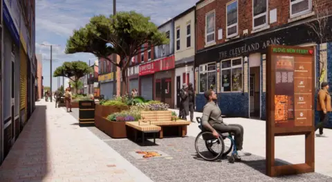 BCA Landscape Architects/LDRS Image is a computer-generated image of a pedestrianised Bebington Road in New Ferry. The ground is covered with paved tiles. A man in a wheelchair sits in the centre of the image. Two people stand close to a pub in the background.