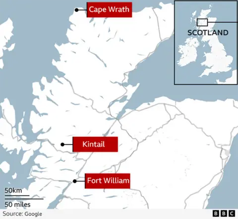Map showing locations of Fort William, Kintail and Cape Wrath