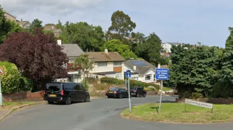 Google image of Southfield Avenue in Paignton. A road sign is situated on a patch of grass to the right of the road which is on a hill. Cars are parked outside of residential properties on the road. Trees are on either side of the road. 