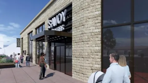 North Kesteven District Council An artist's impression of the Savoy cinema building. It shows a close-up of the entrance and people walking. 