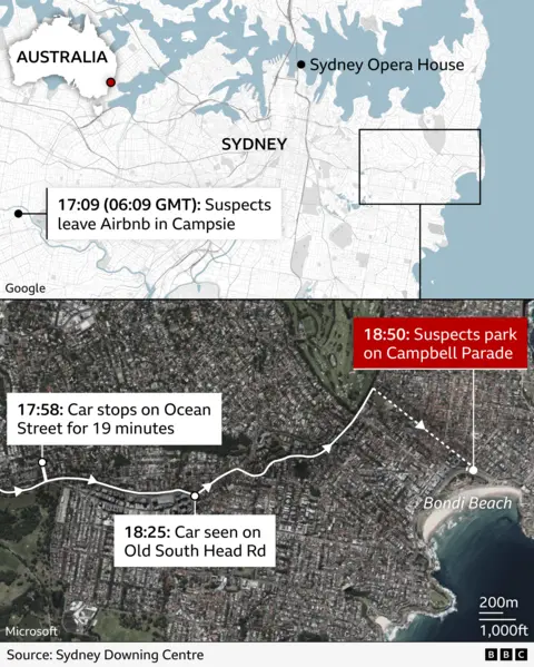 A map of Sydney, Australia, highlighting key locations related to the Bondi Beach shooting incident. The map shows the city layout and label showing the AirBnB used by gunmen in Campsie on the western side. The location of the shooting is to the east near Bondi Beach.