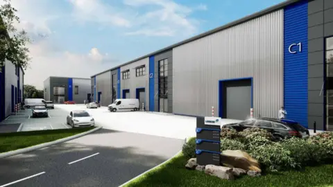 Logicor Webbgray A computer-generated image of three modern-looking units in an industrial estate with cars and vans parked outside.