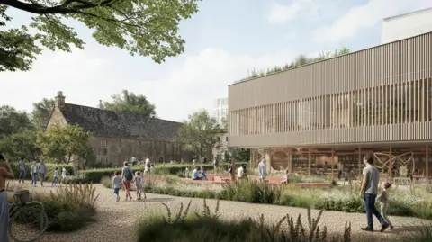 An artist's impression of the historic stone brick pub with a large sleek new leisure building next to it.
