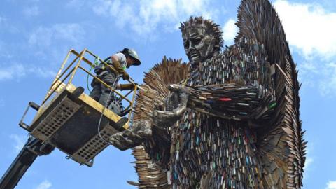 Knife Angel being installed