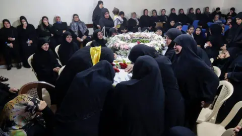 Relatives mourn Fatima Abdallah, a girl who was killed when a Hezbollah pager exploded, during her funeral in the village of Saraain, Lebanon (18 September 2024)