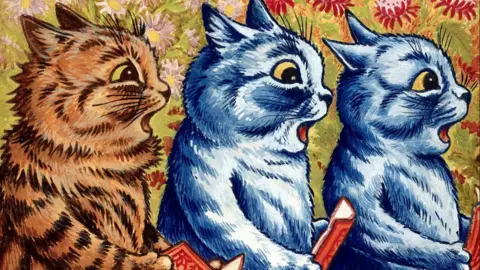 Pierce Archive LLC/Buyenlarge Three cats singing. Gouache by Louis Wain, 1925. A marmalade cat and two blue cats, half-length, stand holding orange-covered song- or hymn-books; in the background, flowers, equally lurid in tone.