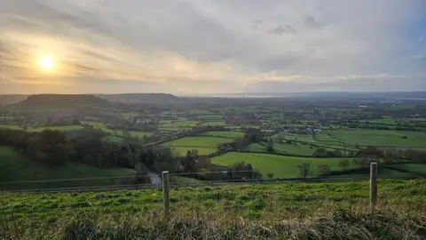 Dursleydogwalker Sunrise at Coaley overlooking a spread of fields with hills visible in the distance and multiple green fields bordered by dark hedges in the foreground