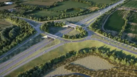 Gloucestershire County Council A computer generated image of a planned motorway junction upgrade, showing a large roundabout-style junction carrying an A-road over a motorway, with four slip roads connecting the two.