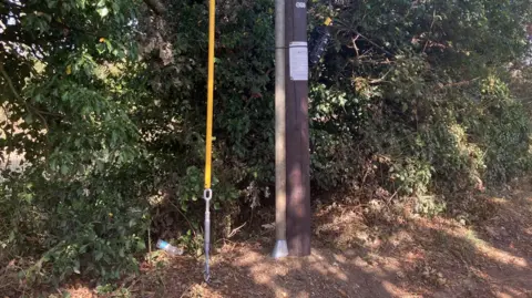 GUY CAMPBELL/BBC A new telephone pole has been erected beside a country lane bolstered by a  yellow cable fixed to the ground with a metal attachment