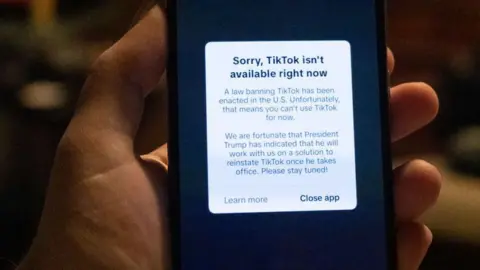  "Sorry, TikTok isn't available right now. A law banning TikTok and been enacted in the US. Unfortunately, that means you can't use TikTok for now. We are fortunate that President Trump has indicated that he will work with us on a solution to reinstate TikTok once has takes office. Please stay tuned!"